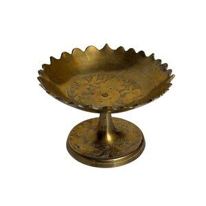 VTG Ornate Solid Brass Pedestal Bowl Footed Etched Floral Dish MCM Centerpiece